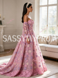 Pink Lace A Line Long Sleeves Off The Shoulder Floral Prom Dress