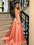 Orange Spaghetti Strap Satin A Line Prom Dress