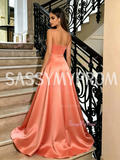 Orange Spaghetti Strap Satin A Line Prom Dress