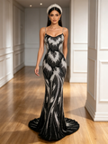 Black Pearls Trumpet Mermaid Spaghetti Straps Tulle Prom Dress