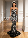 Black Pearls Trumpet Mermaid Spaghetti Straps Tulle Prom Dress