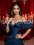 Sweetheart Satin Puffy Sleeve A Line Navy Prom Dress