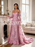 Pink Lace A Line Long Sleeves Off The Shoulder Floral Prom Dress