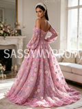 Pink Lace A Line Long Sleeves Off The Shoulder Floral Prom Dress
