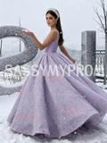 Lavender Satin Lace Flower Ball Gown Belt Prom Dress