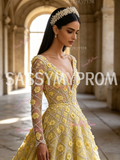Long Sleeve V Neck Yellow A Line Beading Flower Prom Dress