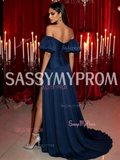 Sweetheart Satin Puffy Sleeve A Line Navy Prom Dress