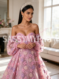 Pink Lace A Line Long Sleeves Off The Shoulder Floral Prom Dress