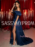 Sweetheart Satin Puffy Sleeve A Line Navy Prom Dress