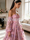 Pink Lace A Line Long Sleeves Off The Shoulder Floral Prom Dress