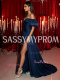 Sweetheart Satin Puffy Sleeve A Line Navy Prom Dress
