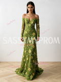 Lace Sheath Column Long Sleeve Green Off The Shoulder Flower Prom Dress