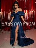 Sweetheart Satin Puffy Sleeve A Line Navy Prom Dress