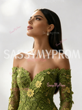 Lace Sheath Column Long Sleeve Green Off The Shoulder Flower Prom Dress