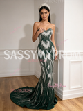 Pearl Beading Trumpet Mermaid Green Crystal Sweetheart Prom Dress