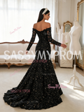 Trumpet Mermaid Black Off The Shoulder Beading Flower Long Sleeve Prom Dress