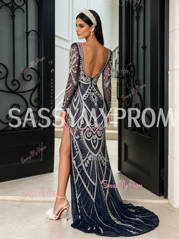 Navy Blue Square Long Sleeve Trumpet Mermaid Beading Prom Dress With Slit