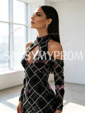 Long Sleeves Trumpet Mermaid Halter Keyhole Black Prom Dress