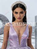 Lavender Satin Lace Flower Ball Gown Belt Prom Dress