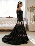 Trumpet Mermaid Black Off The Shoulder Beading Flower Long Sleeve Prom Dress