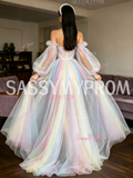 Long Sleeve A Line Rainbow Tulle Prom Dress With Slit