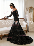 Trumpet Mermaid Black Off The Shoulder Beading Flower Long Sleeve Prom Dress