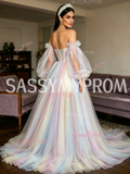 Long Sleeve A Line Rainbow Tulle Prom Dress With Slit