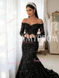 Trumpet Mermaid Black Off The Shoulder Beading Flower Long Sleeve Prom Dress