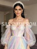Long Sleeve A Line Rainbow Tulle Prom Dress With Slit