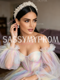 Long Sleeve A Line Rainbow Tulle Prom Dress With Slit