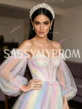 Long Sleeve A Line Rainbow Tulle Prom Dress With Slit