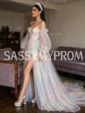 Long Sleeve A Line Rainbow Tulle Prom Dress With Slit