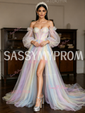 Long Sleeve A Line Rainbow Tulle Prom Dress With Slit
