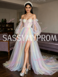Long Sleeve A Line Rainbow Tulle Prom Dress With Slit