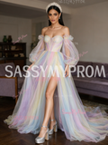 Long Sleeve A Line Rainbow Tulle Prom Dress With Slit