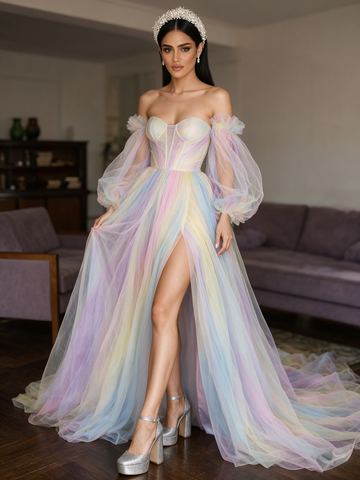 Long Sleeve A Line Rainbow Tulle Prom Dress With Slit