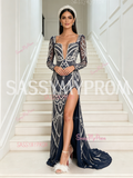 Navy Blue Square Long Sleeve Trumpet Mermaid Beading Prom Dress With Slit
