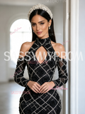Long Sleeves Trumpet Mermaid Halter Keyhole Black Prom Dress