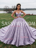 Purple Floral Lace Sweetheart Tulle Ball Gown Prom Dress