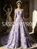 Scoop Purple Beading A Line Purple Half Sleeves Flower Prom Dress