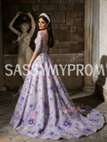 Scoop Purple Beading A Line Purple Half Sleeves Flower Prom Dress