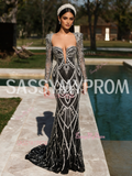 Beading Long Sleeve Black Square Trumpet Mermaid Prom Dress