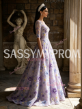 Scoop Purple Beading A Line Purple Half Sleeves Flower Prom Dress