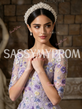 Scoop Purple Beading A Line Purple Half Sleeves Flower Prom Dress