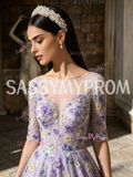 Scoop Purple Beading A Line Purple Half Sleeves Flower Prom Dress