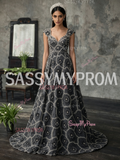 V Neck Flower Gray Empire Sequin Beading A Line Prom Dress