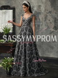 V Neck Flower Gray Empire Sequin Beading A Line Prom Dress