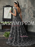 V Neck Flower Gray Empire Sequin Beading A Line Prom Dress