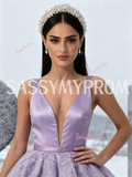 Lavender Satin Lace Flower Ball Gown Belt Prom Dress