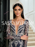 Navy Blue Square Long Sleeve Trumpet Mermaid Beading Prom Dress With Slit